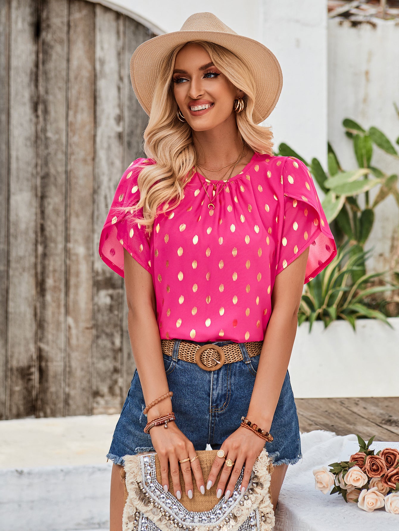 Galocmo 2024 Playful Polka Dot Short Sleeve Top