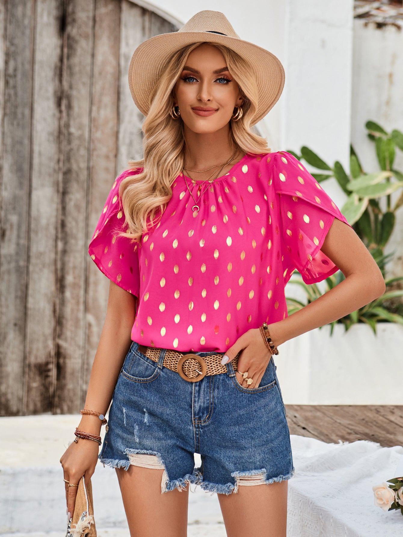Galocmo 2024 Playful Polka Dot Short Sleeve Top