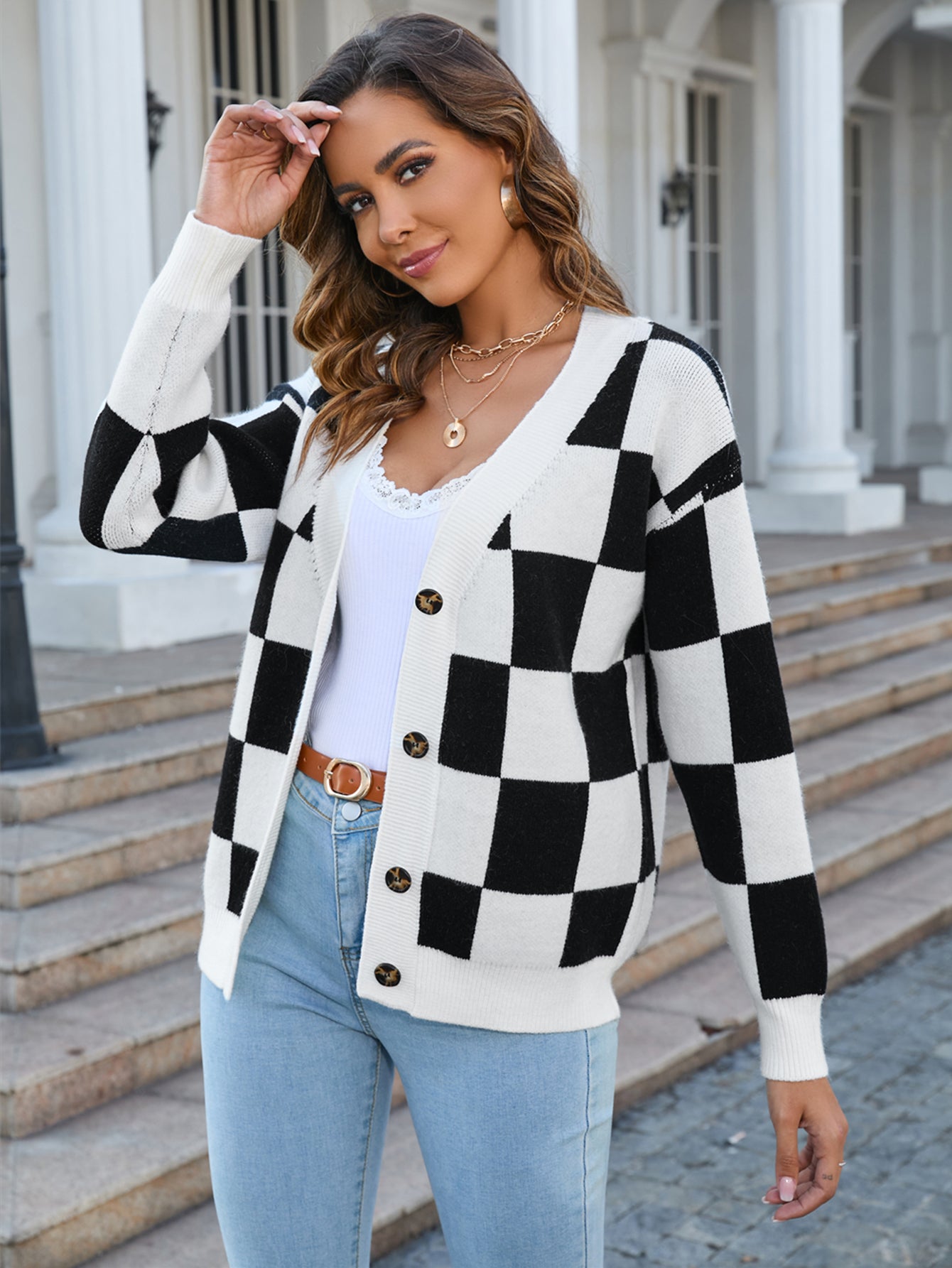 Retro Checkered Oversized Knit Cardigan