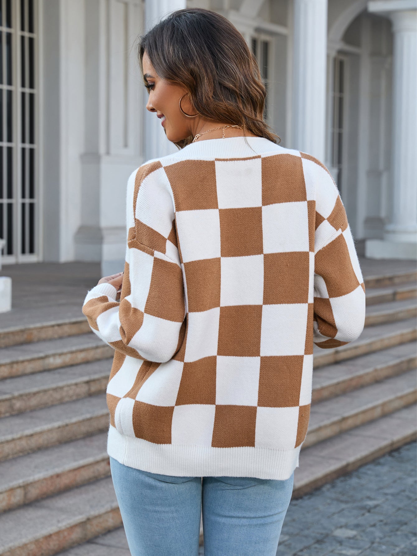 Retro Checkered Oversized Knit Cardigan