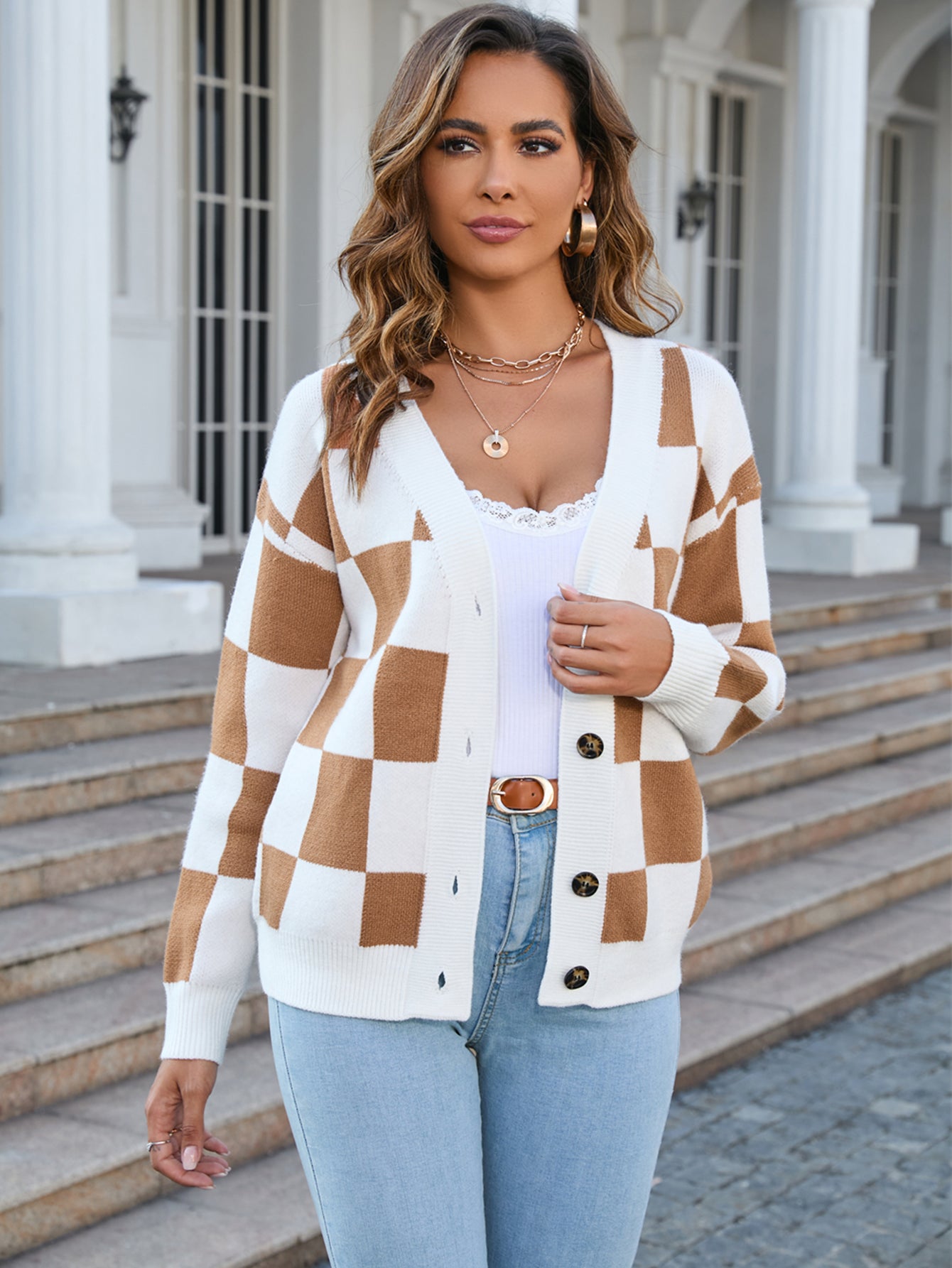 Retro Checkered Oversized Knit Cardigan