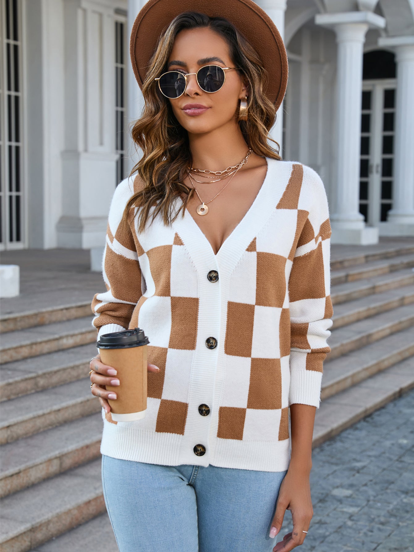 Retro Checkered Oversized Knit Cardigan