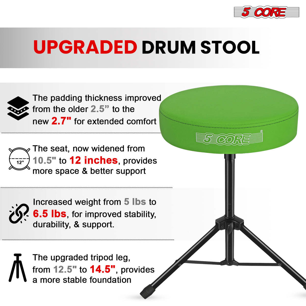 5Core Drum Throne Padded Guitar Stool Height Adjustable Drummer Seat Music Chair for Adults And Kids - DS 01