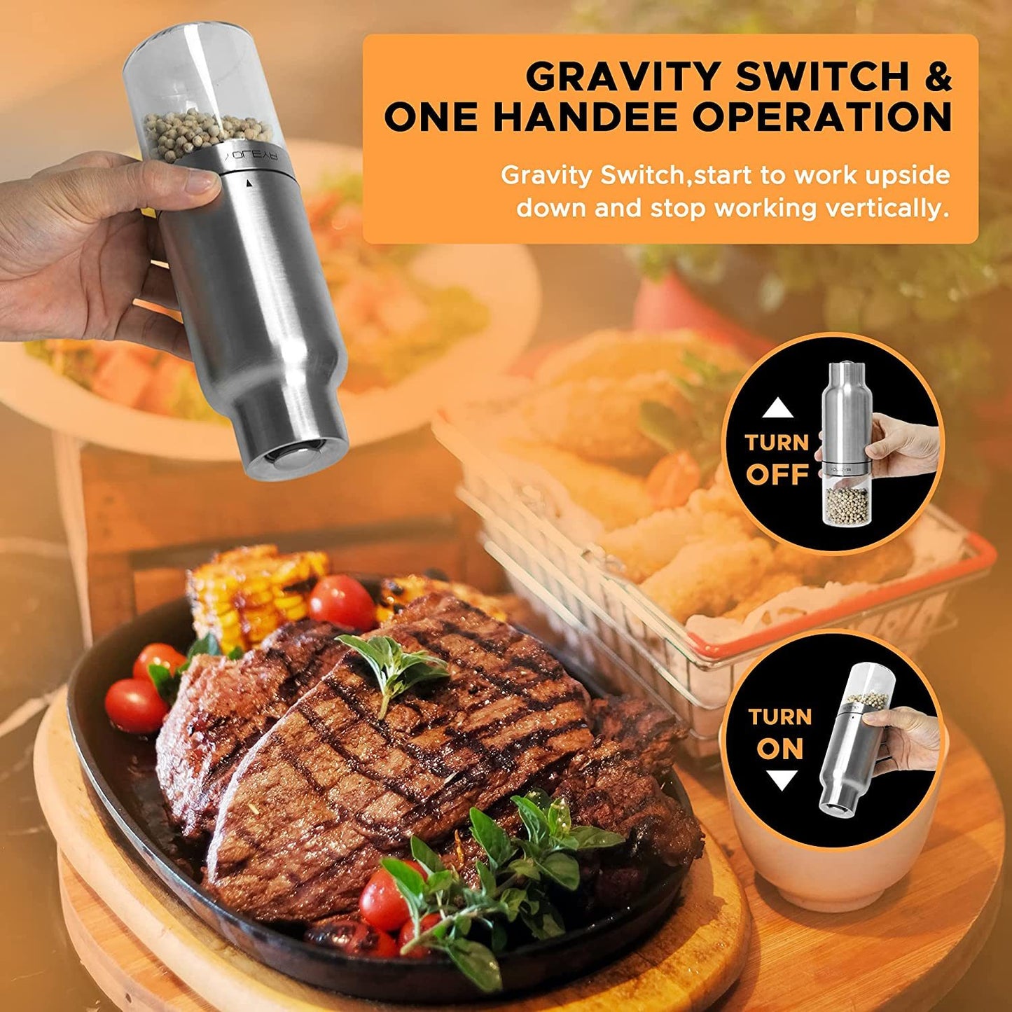 Gravity Electric Salt and Pepper Grinder Set - Automatic Pepper or Salt Mill Shaker, Spice Grinder Battery-Operated with Adjustable Coarseness,One Hand Operated,Utility Brush,Premium Stainless Steel