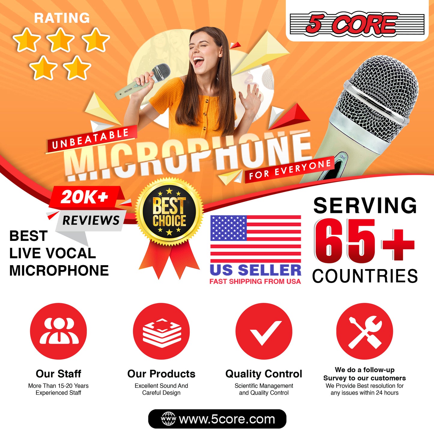 5 Core Microphone Pair XLR Dynamic Mic Karaoke Singing Handheld Microfono Wired Professional Unidirectional 1/4 Plug In Cord Connection for Vocal DJ Music - PM 286 WH