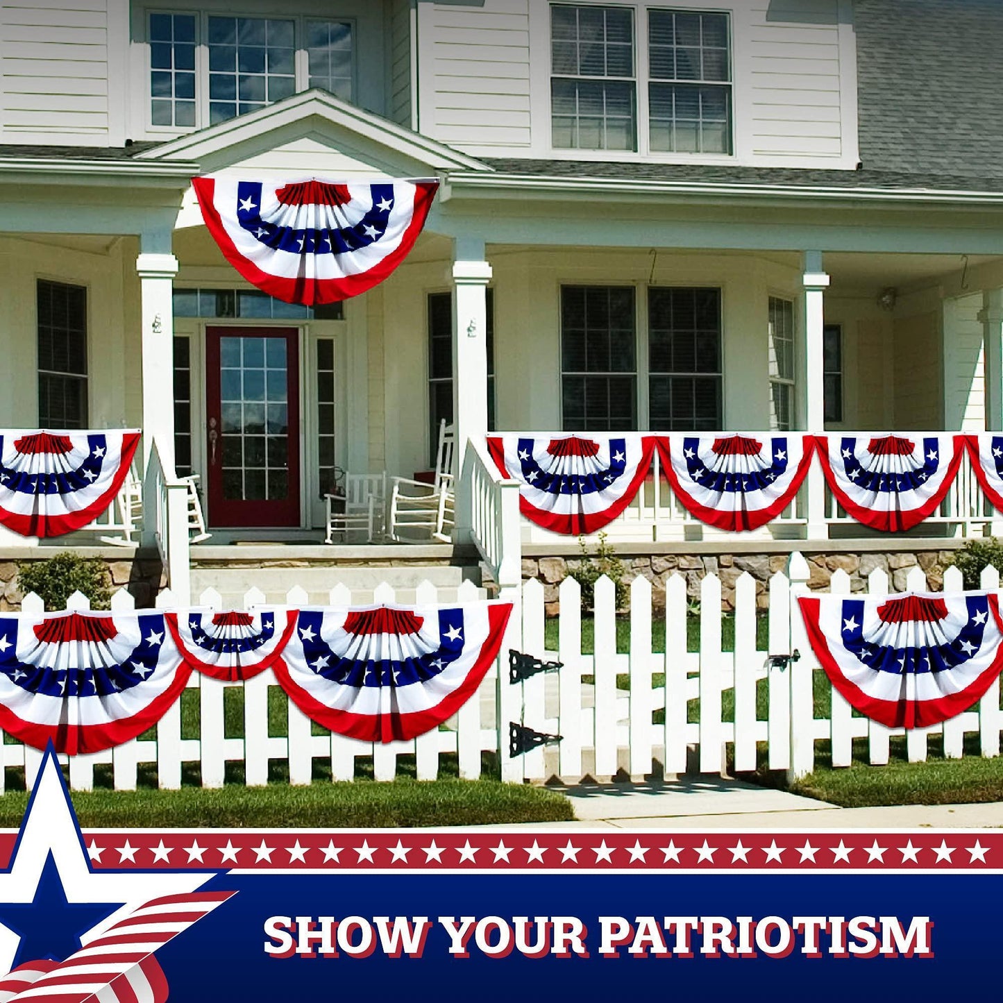 1 Pack USA Pleated Fan Flag 1.5x3 Feet American USA Bunting Decoration Flags PRINTED 150D Patriotic Stars and Stripes with Canvas Header and Brass Grommets