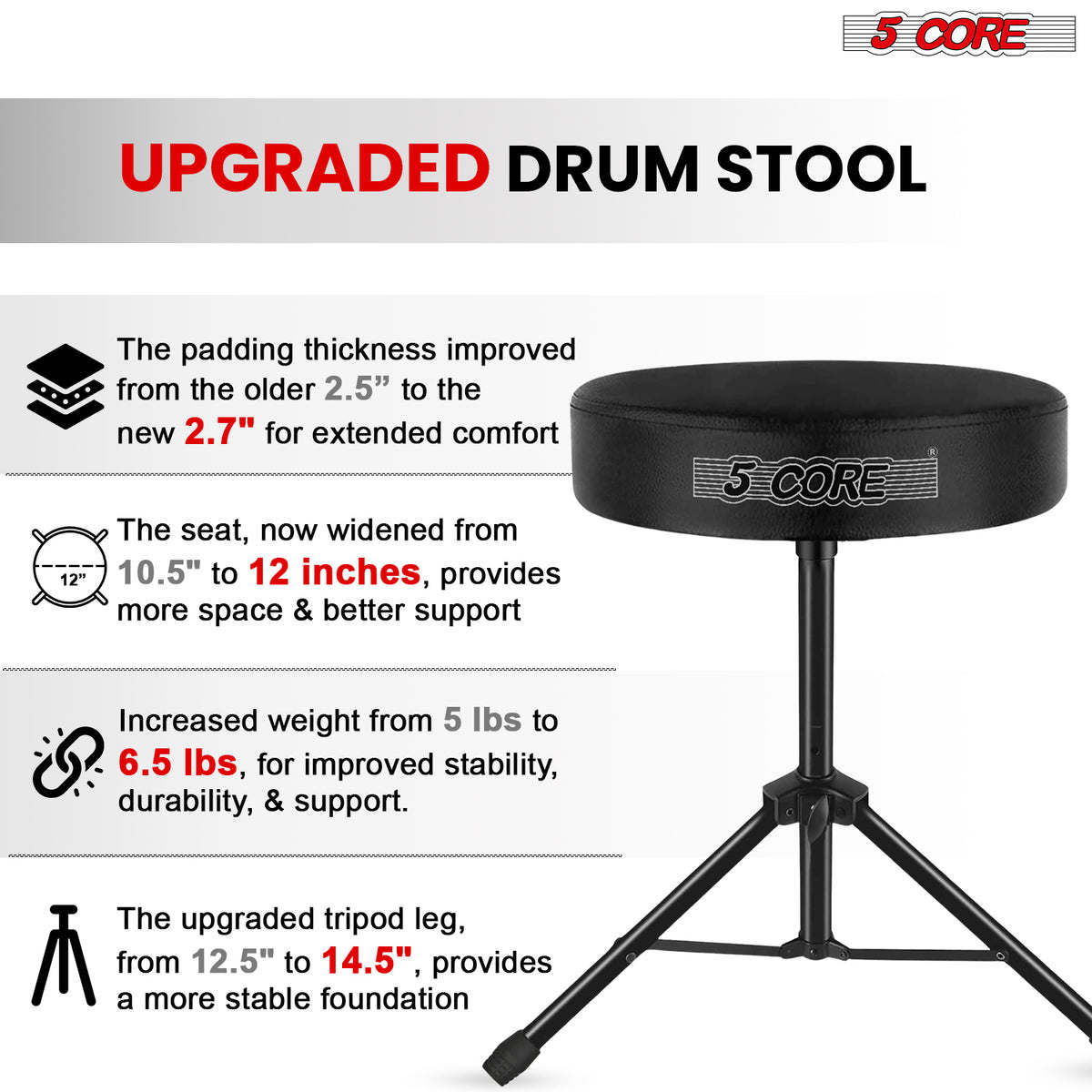 5Core Drum Throne Padded Guitar Stool Height Adjustable Drummer Seat Music Chair for Adults And Kids - DS 01