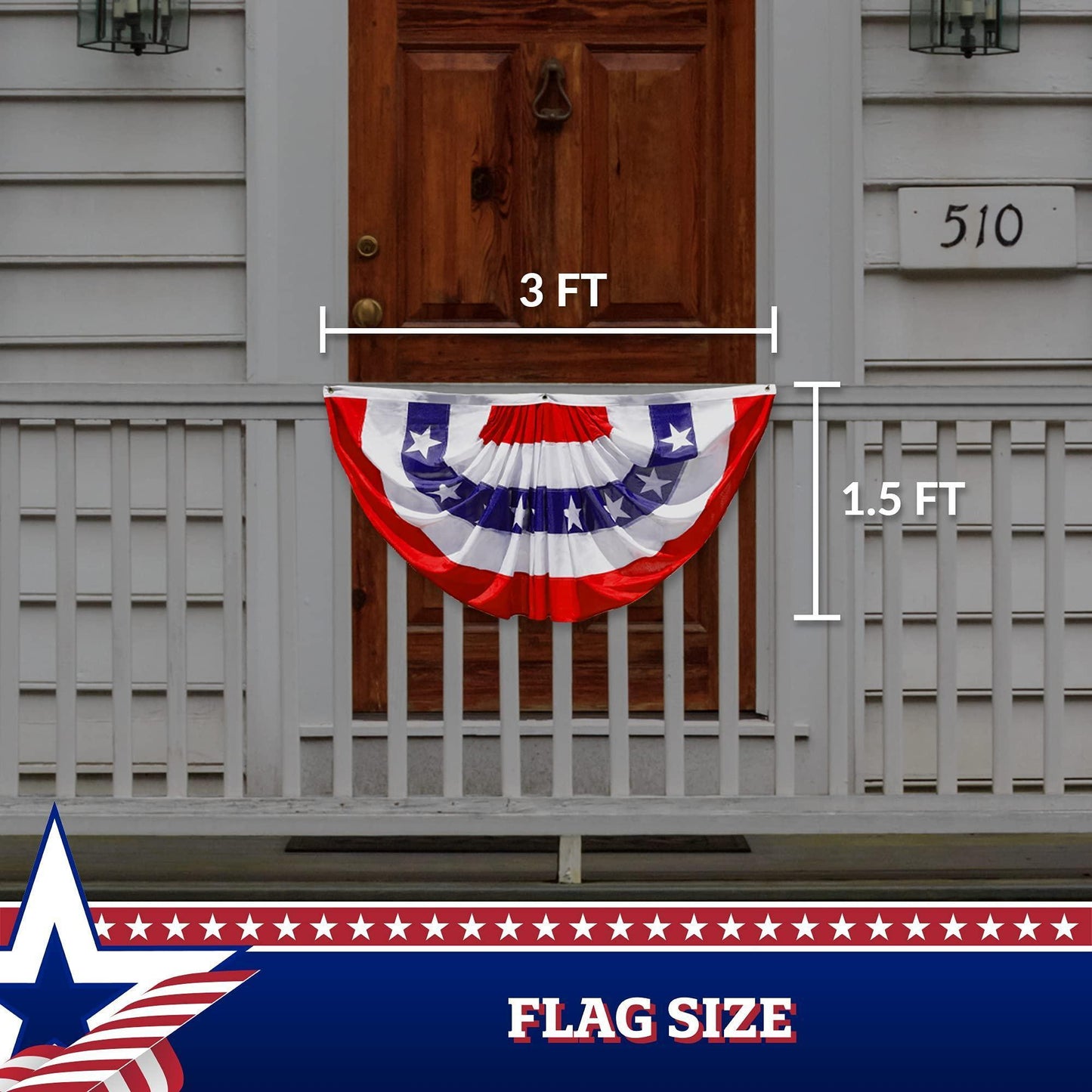 1 Pack USA Pleated Fan Flag 1.5x3 Feet American USA Bunting Decoration Flags PRINTED 150D Patriotic Stars and Stripes with Canvas Header and Brass Grommets