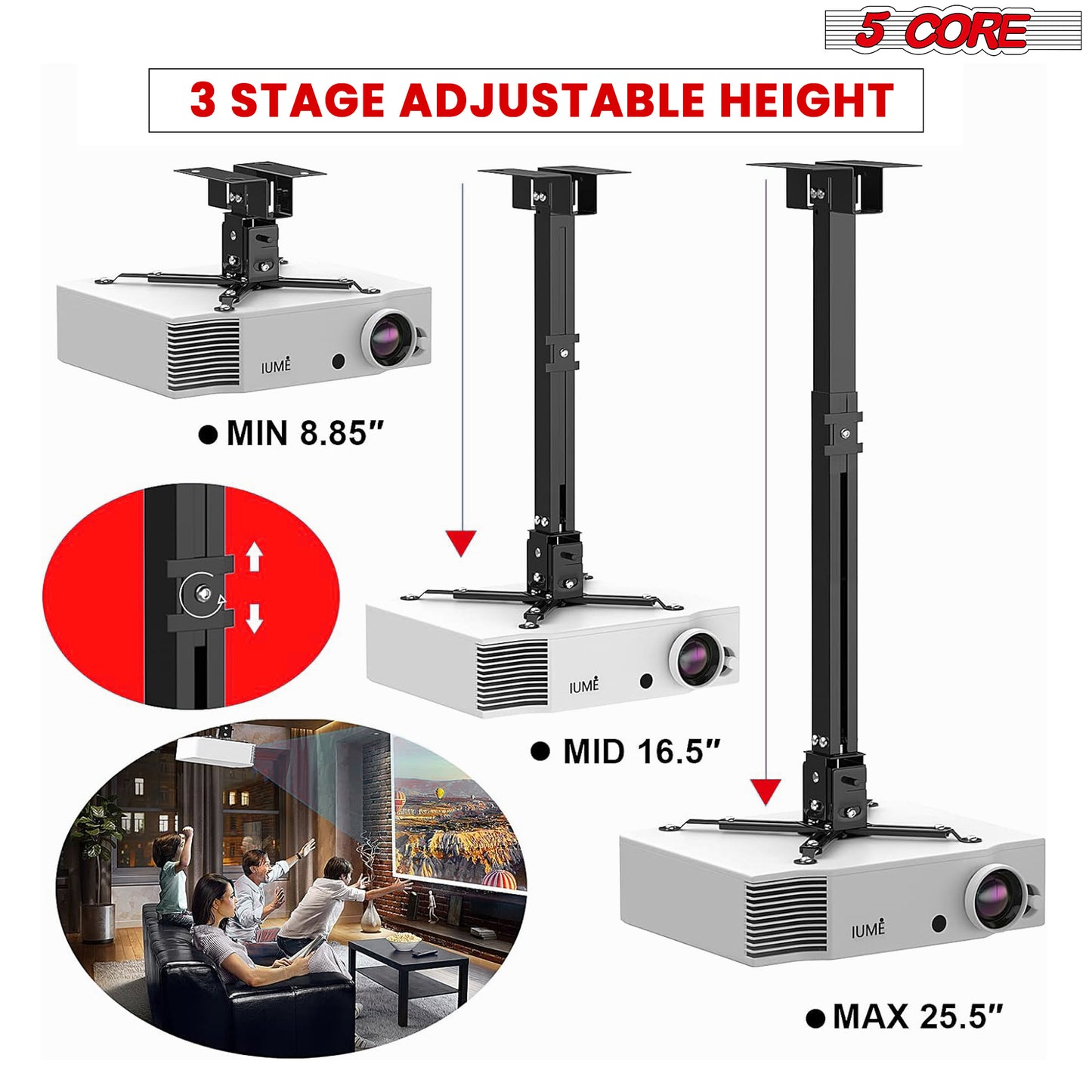 Projector Stabd HD Ceiling Mount Universal Black Extendable Bracket TILT Wall Mount Hanger Supports up to 40 lbs Mounting for Most Projectors Video - 5 Core PS 01 BLK