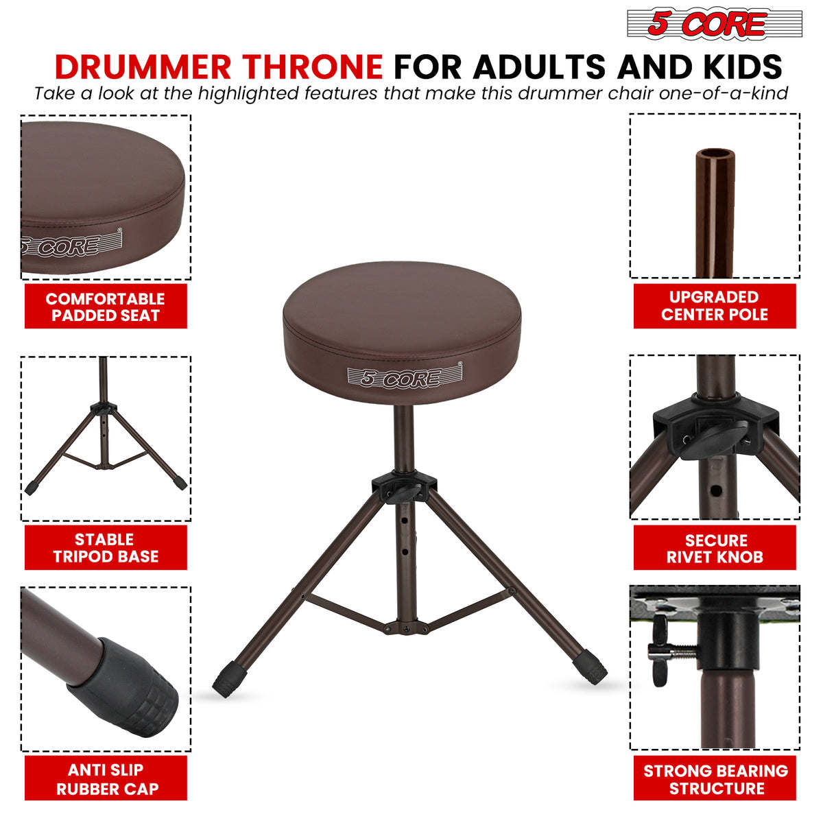 5Core Drum Throne Padded Guitar Stool Height Adjustable Drummer Seat Music Chair for Adults And Kids - DS 01