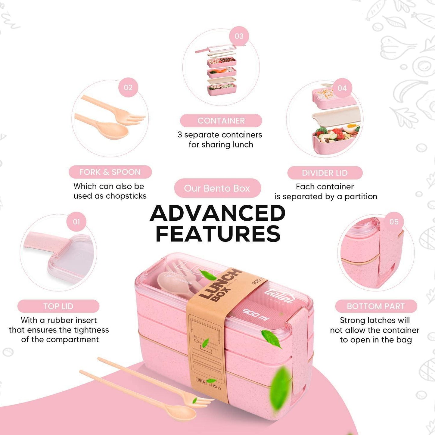 Pink Bento Box Lunch Containers Portable Microwave Japanese Bento Box Meal Prep Containers For Healthy Food For Adults Women Microwaveable Bowl Plastic Container