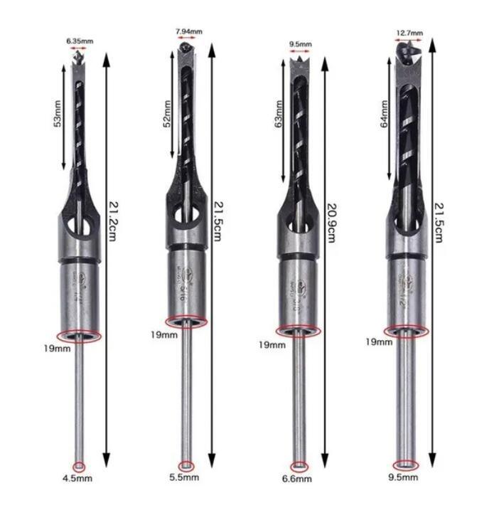 Square Hole Saw Auger Drill Bit Cut Mortising Chisel Woodworking Tool Set