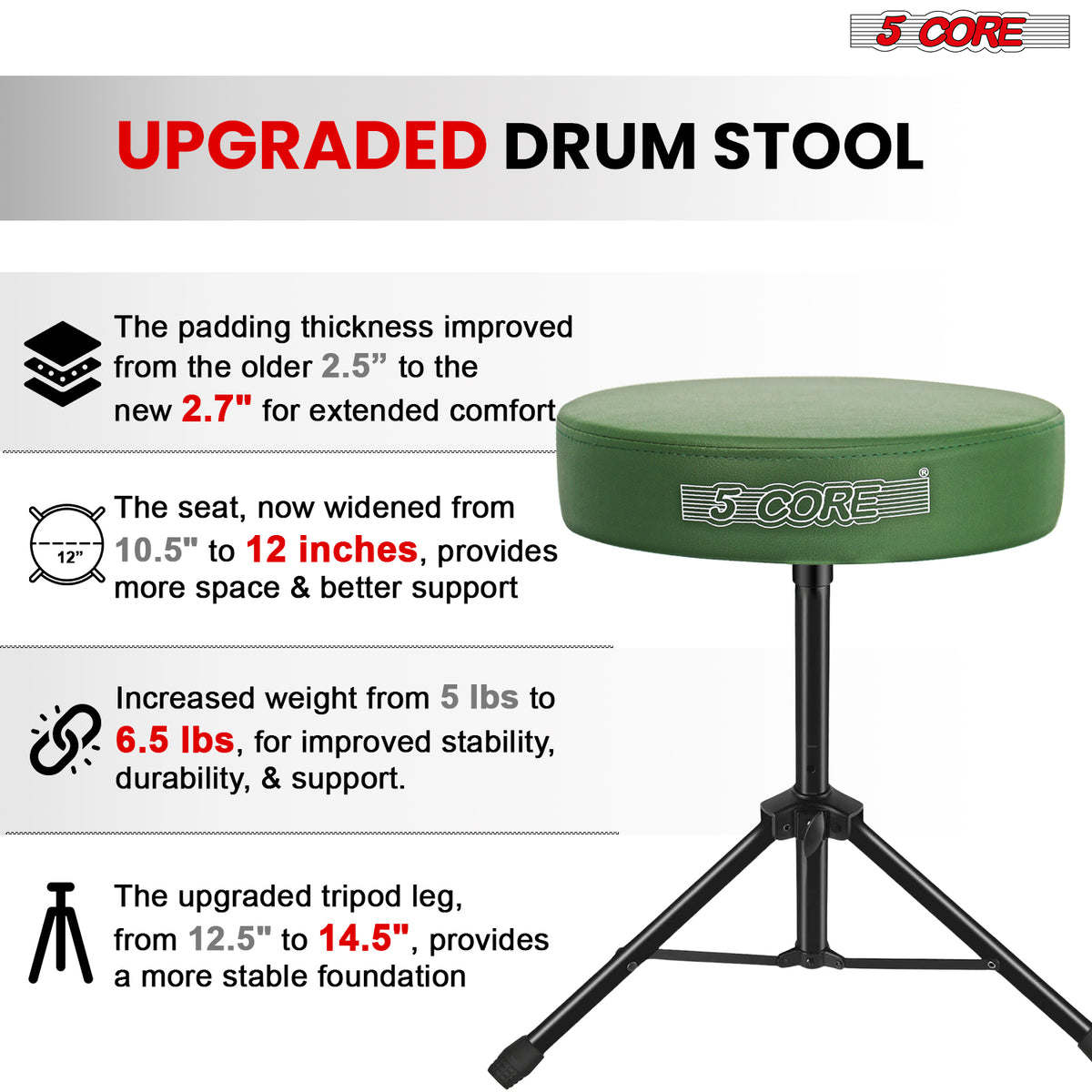 5Core Drum Throne Padded Guitar Stool Height Adjustable Drummer Seat Music Chair for Adults And Kids - DS 01