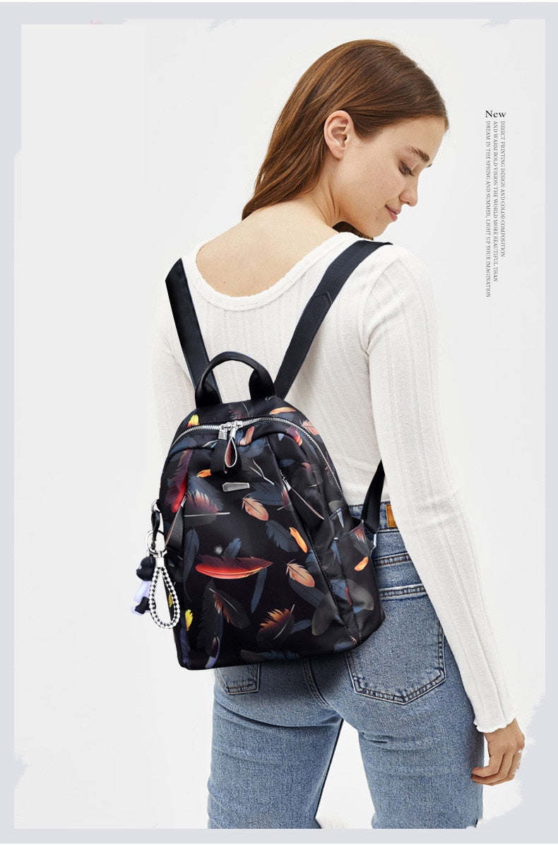 Anti-thief Feather Print Women Backpack Waterproof Travel Casual Schoolbag