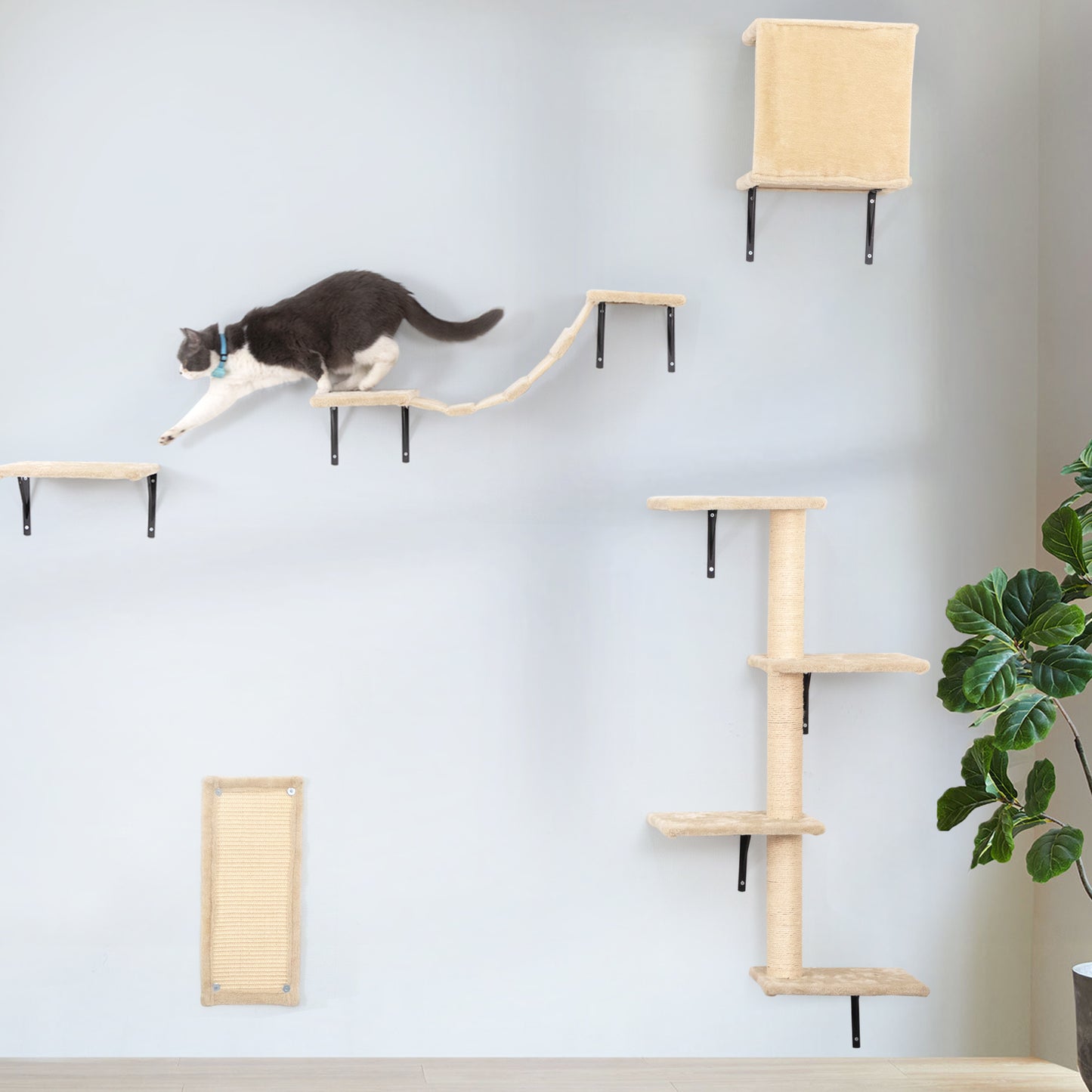 5 Pcs Wall Mounted Cat Climber Set; Floating Cat Shelves and Perches; Cat Activity Tree with Scratching Posts; Modern Cat Furniture