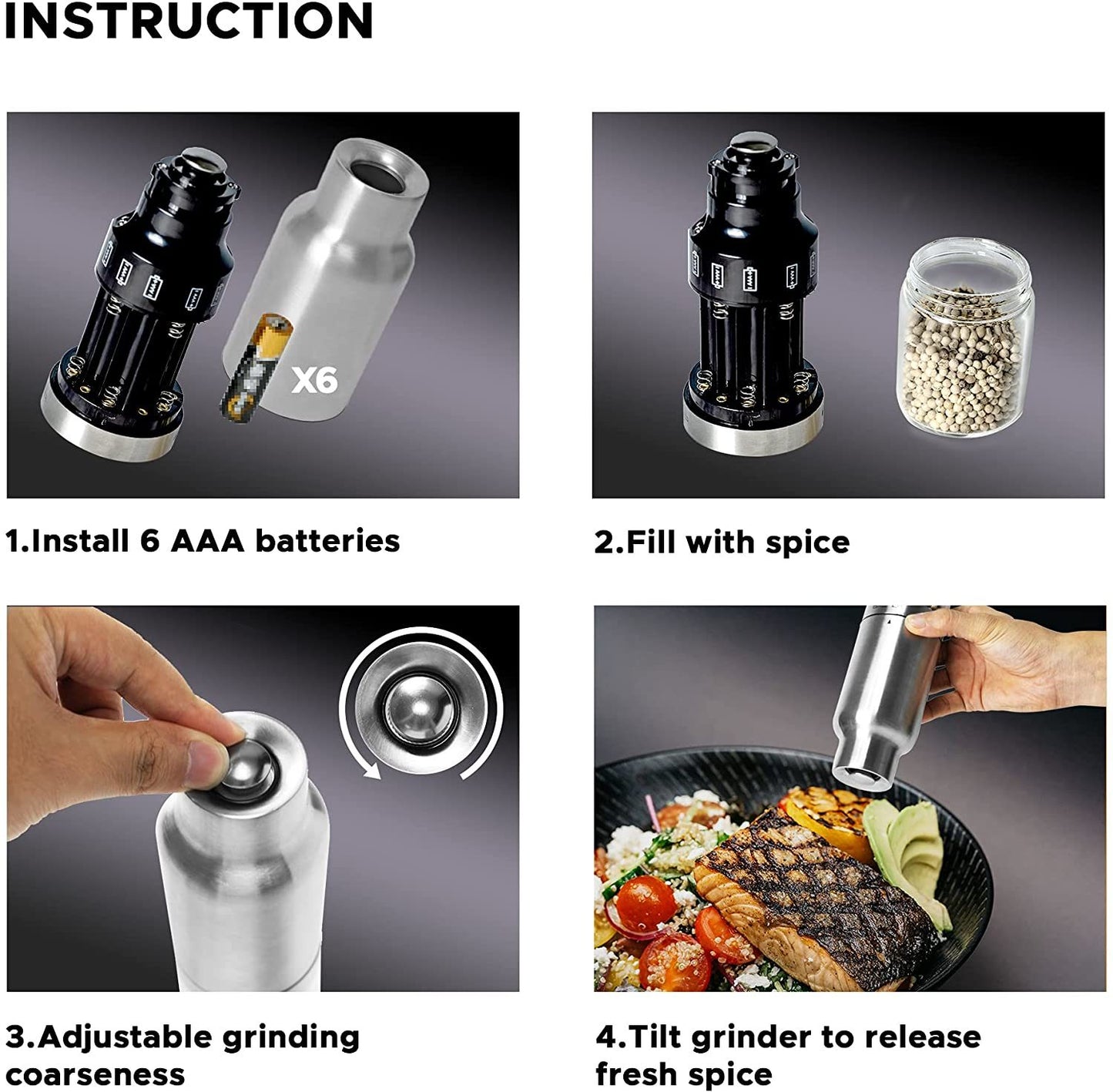 Gravity Electric Salt and Pepper Grinder Set - Automatic Pepper or Salt Mill Shaker, Spice Grinder Battery-Operated with Adjustable Coarseness,One Hand Operated,Utility Brush,Premium Stainless Steel