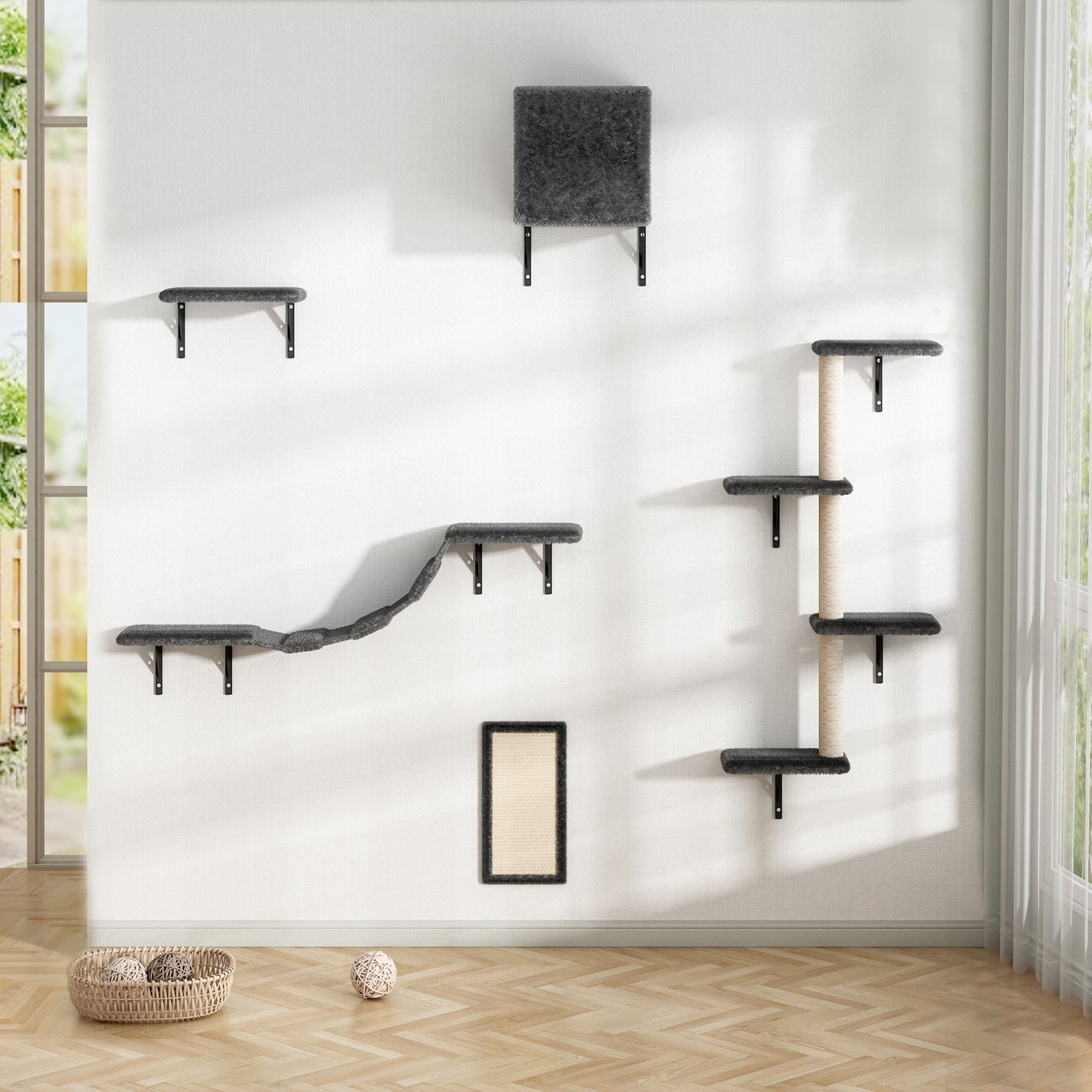 5 Pcs Wall Mounted Cat Climber Set; Floating Cat Shelves and Perches; Cat Activity Tree with Scratching Posts; Modern Cat Furniture
