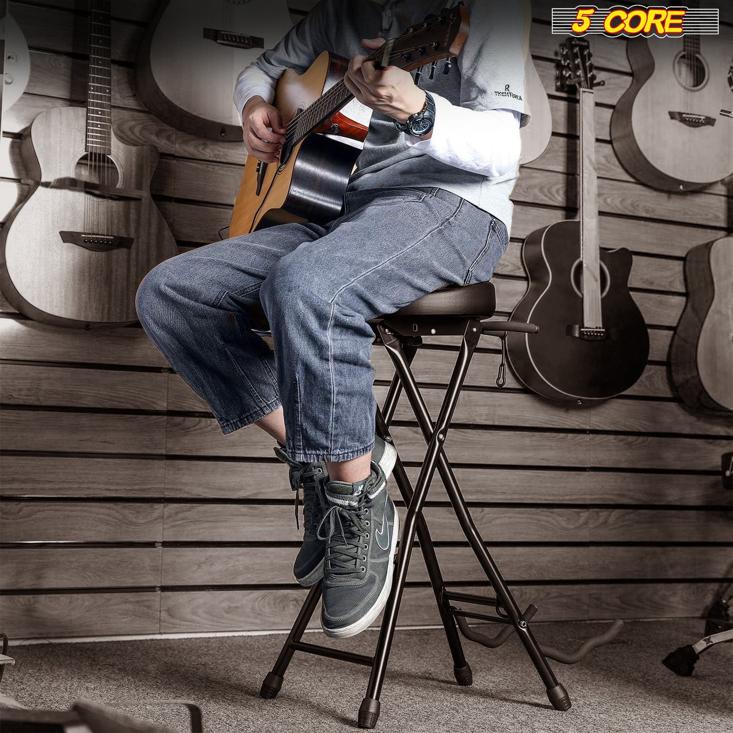 5 Core Guitar Stool • w Comfortable Padded Seat • Foot Rest • Guitar Holder w 300 Lbs Capacity - GSTOOL BLK