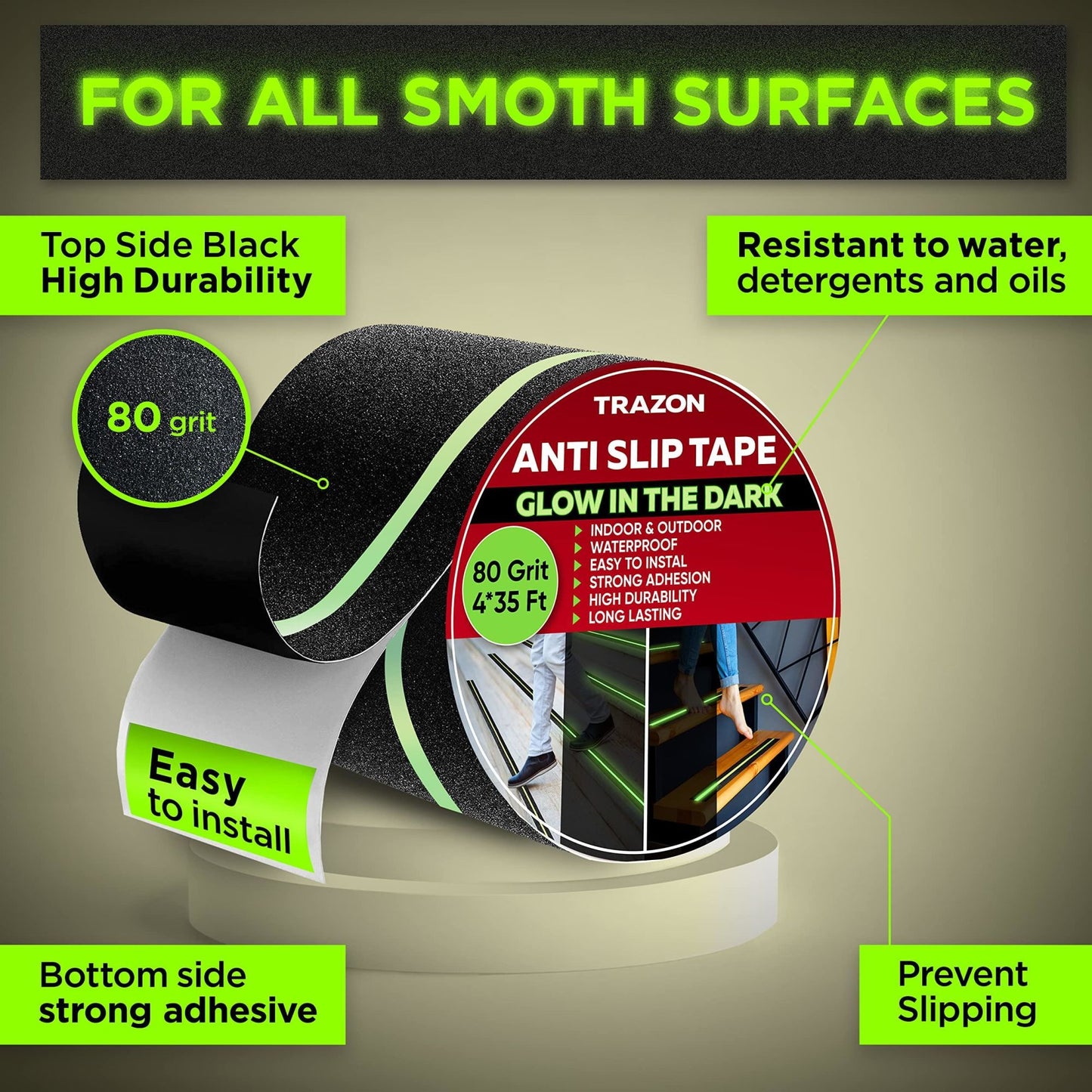 Grip Tape Heavy Duty Anti Slip Tape for Stairs 4 Inch x 35 Feet Black with Glow in The Dark Strips Outdoor Indoor Waterproof Non Skid Roll for Stair Steps Traction Tread Staircase Grips