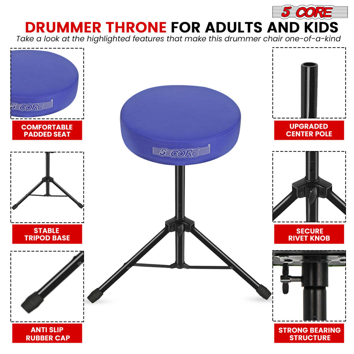 5Core Drum Throne Padded Guitar Stool Height Adjustable Drummer Seat Music Chair for Adults And Kids - DS 01