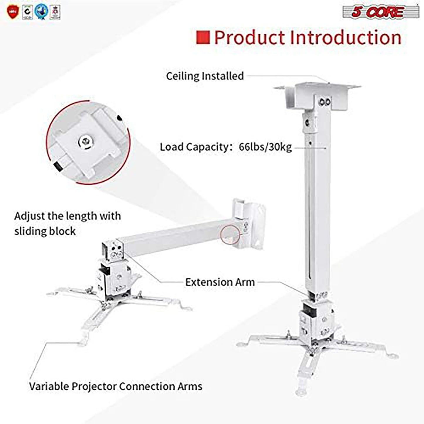 5 Core White Projector Stand Ceiling Wall Mount Universal Projectors Adjustable w Mounting Bracket - PS 01 WH