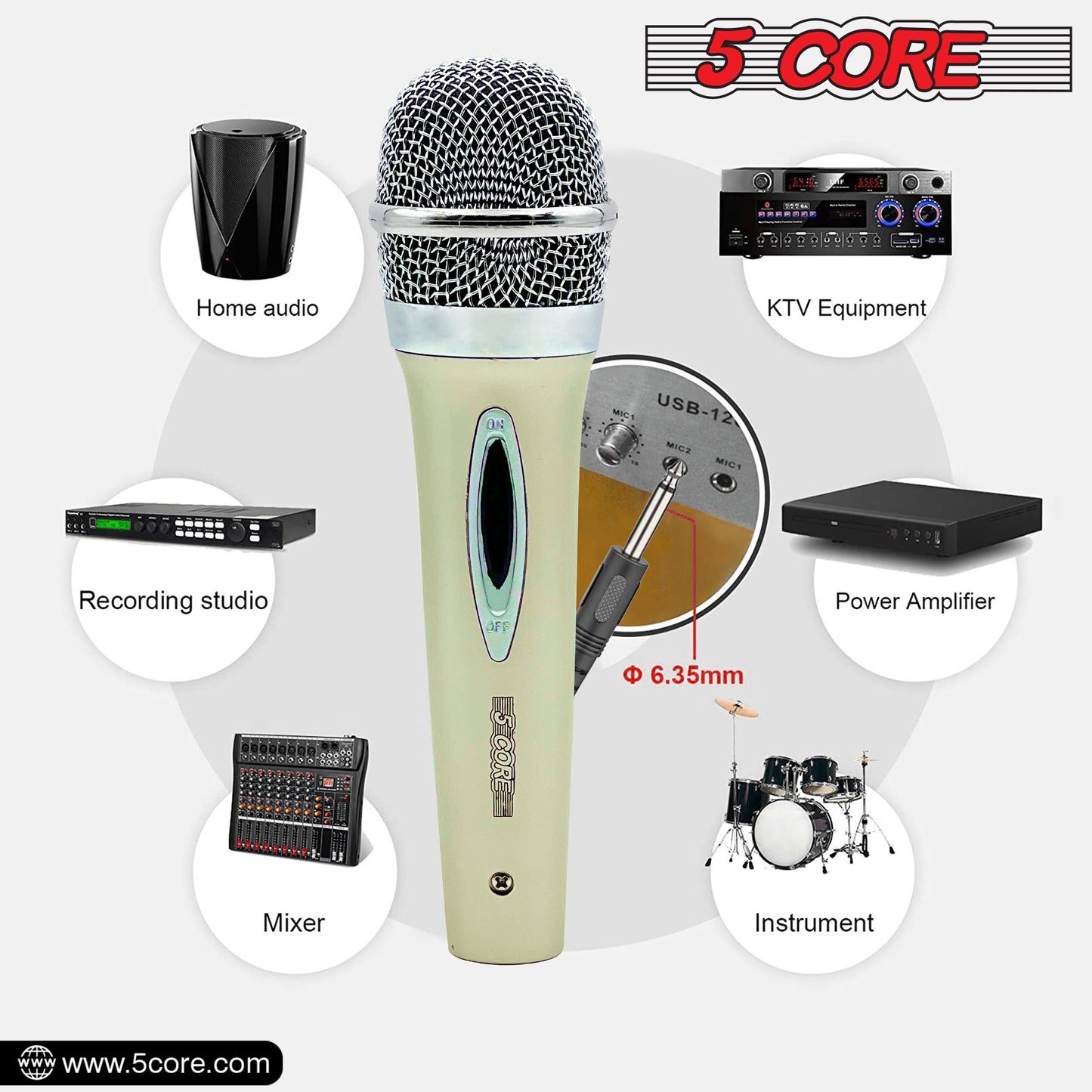 5 Core Microphone Pair XLR Dynamic Mic Karaoke Singing Handheld Microfono Wired Professional Unidirectional 1/4 Plug In Cord Connection for Vocal DJ Music - PM 286 WH