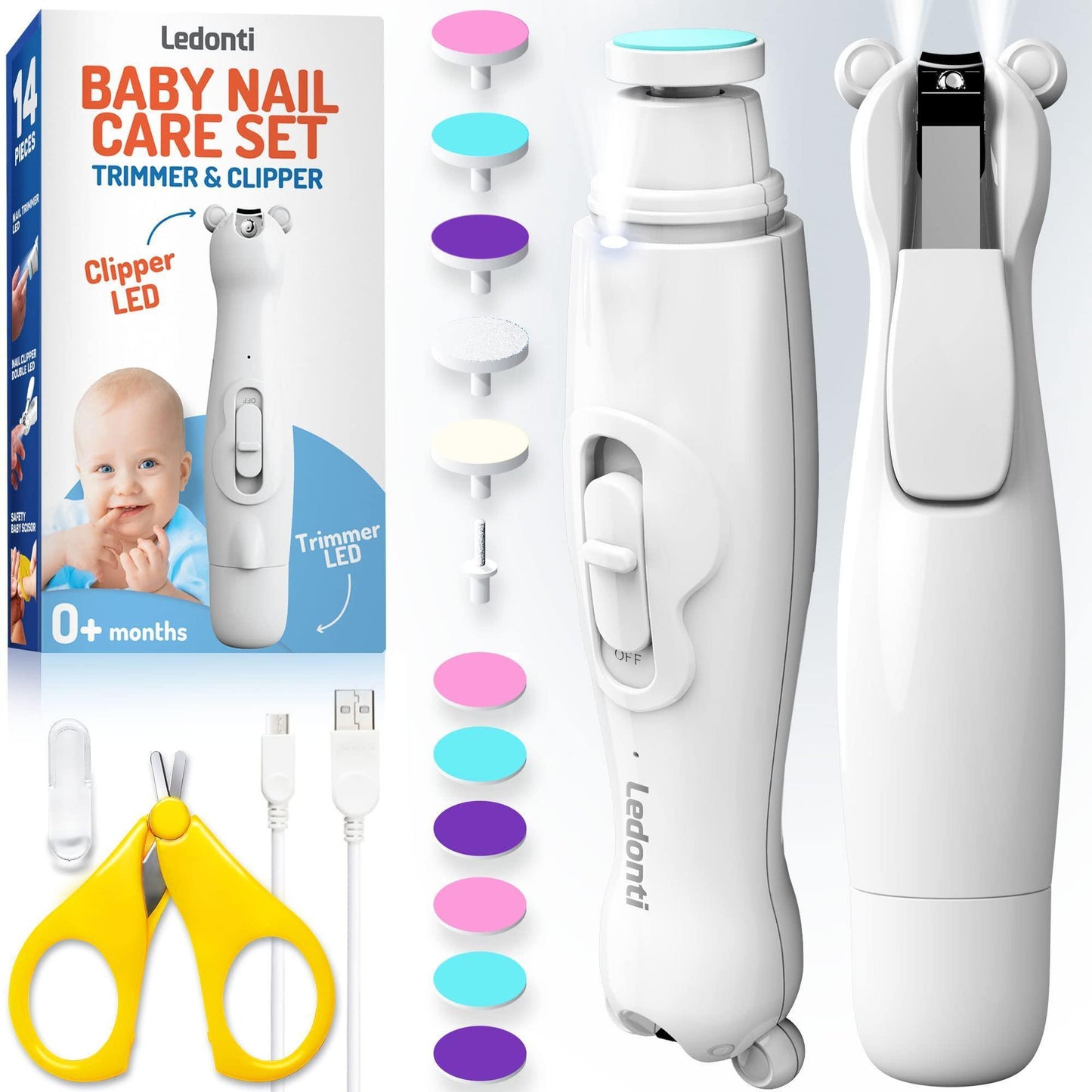 White Baby Nail Trimmer Electric Rechargeable Baby Nail Clippers File with Light for Newborn Infant Toddler Kids Baby Manicure Fingernail Care Set w Scissors Baby Nail Grinder Cutter