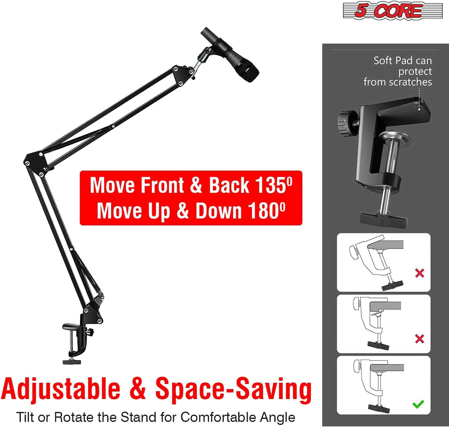 5 Core Microphone Arm Stand, Upgraded Adjustable Suspension Boom Scissor Arm Mic Stand 42 inch with Pop Filter, 3/8" to 5/8" Adapter, Mic Clip Shock Mount, Cable Ties for All Microphones - ARM SET 21