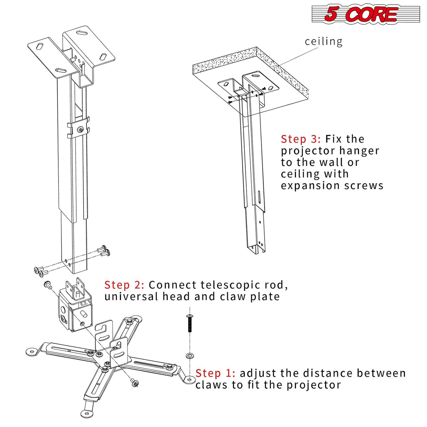 Projector Stabd HD Ceiling Mount Universal Black Extendable Bracket TILT Wall Mount Hanger Supports up to 40 lbs Mounting for Most Projectors Video - 5 Core PS 01 BLK