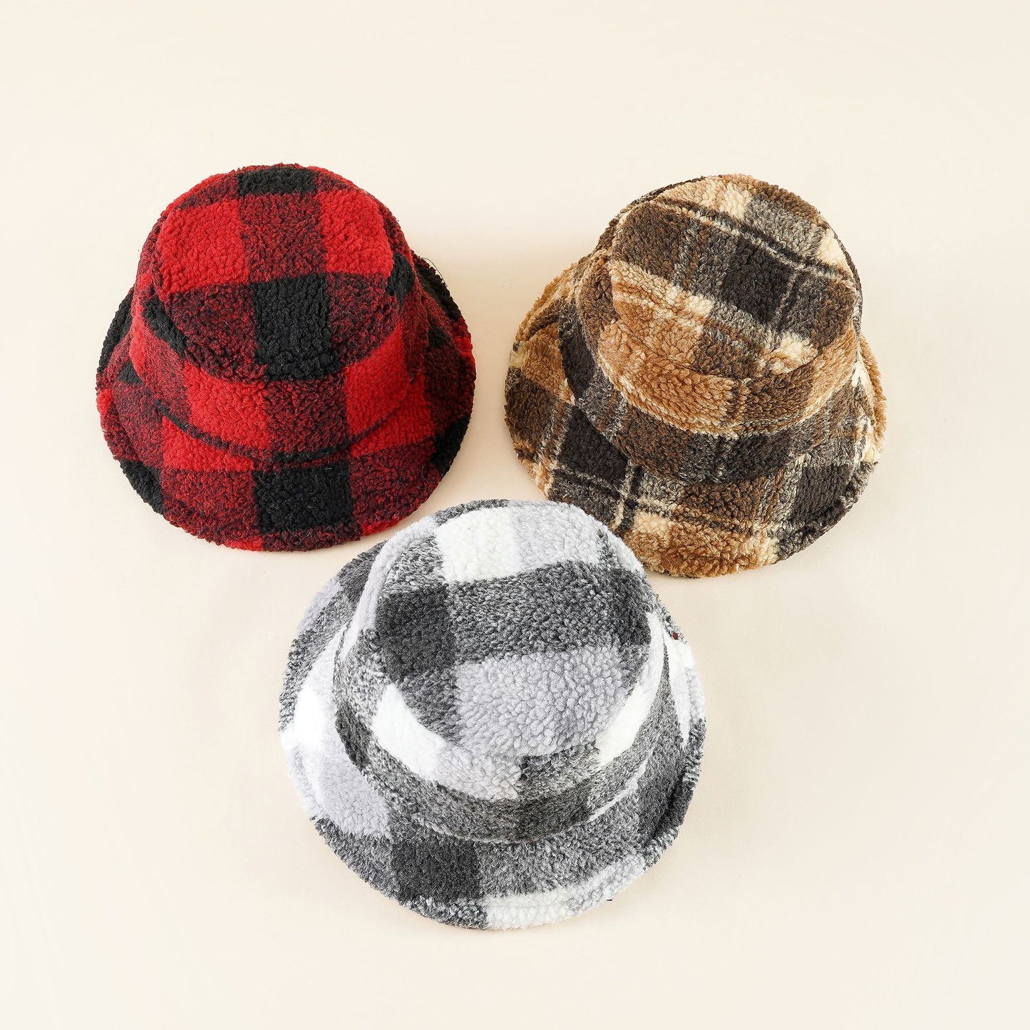 Lamb velvet fisherman hat plaid autumn and winter adult basin hat travel warm plush hat female trendy new
