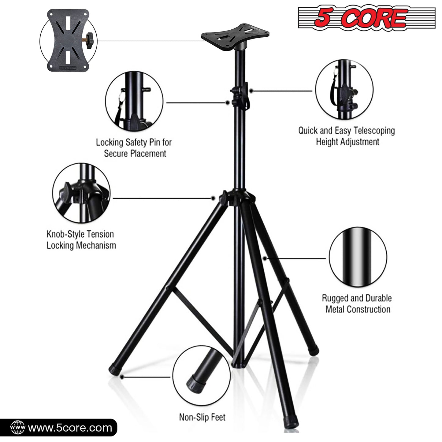 5 Core Speaker Stand Tripod Floor Tall Adjustable Up to 72 Inch DJ Studio Monitor Stands Pole Mount -- SS ECO 1PK WoB