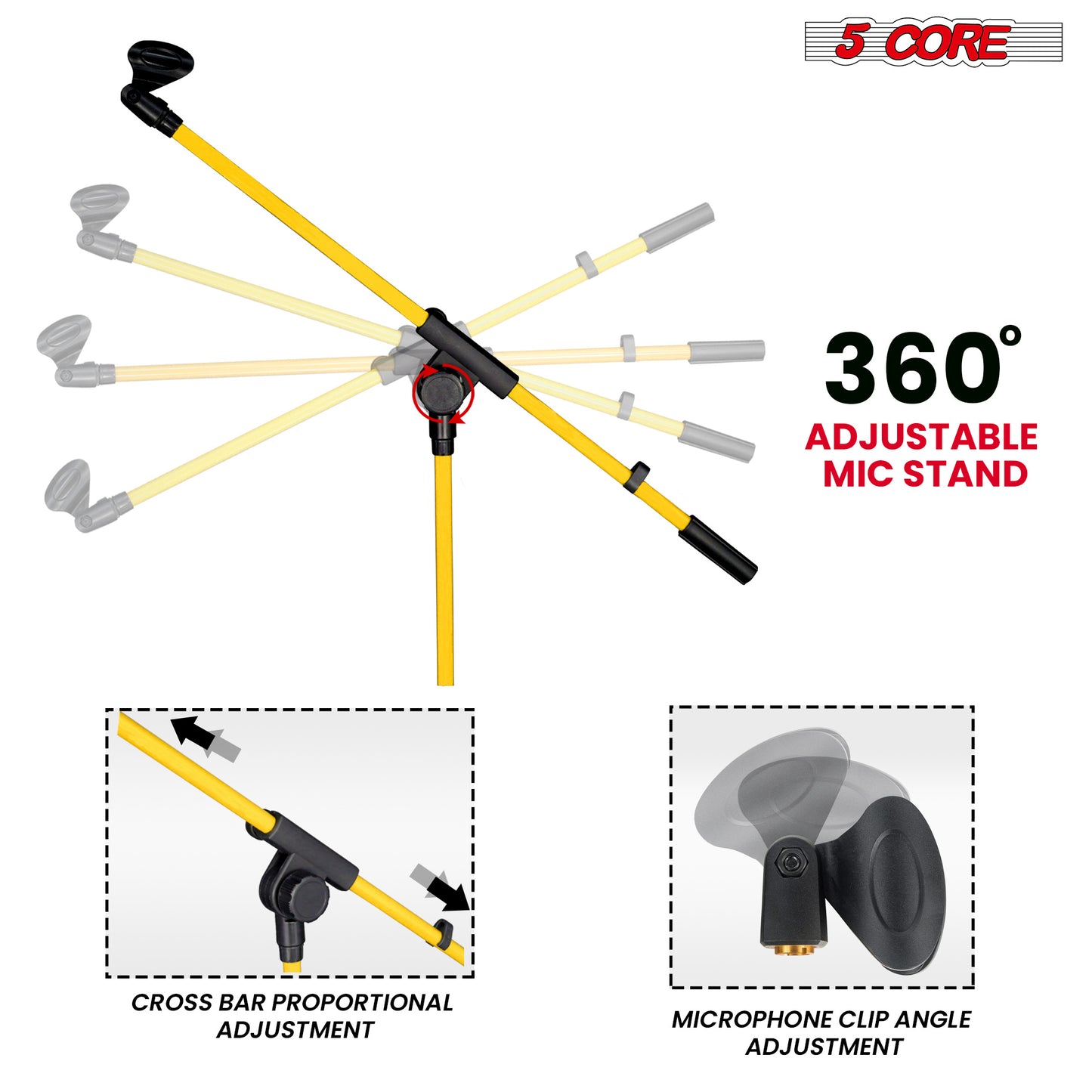 5 Core Tripod Mic Stand Heavy Duty Height Adjustable Floor Microphone Boom Arm Pedestal Para Microfono for Singing On Stage Studio - MS 080 YLW