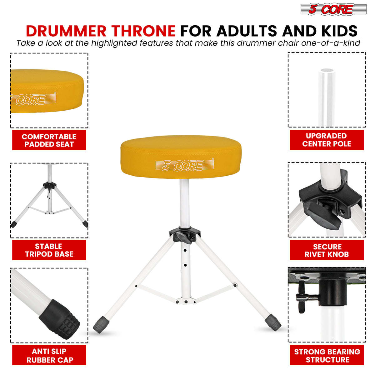5Core Drum Throne Padded Guitar Stool Height Adjustable Drummer Seat Music Chair for Adults And Kids - DS 01