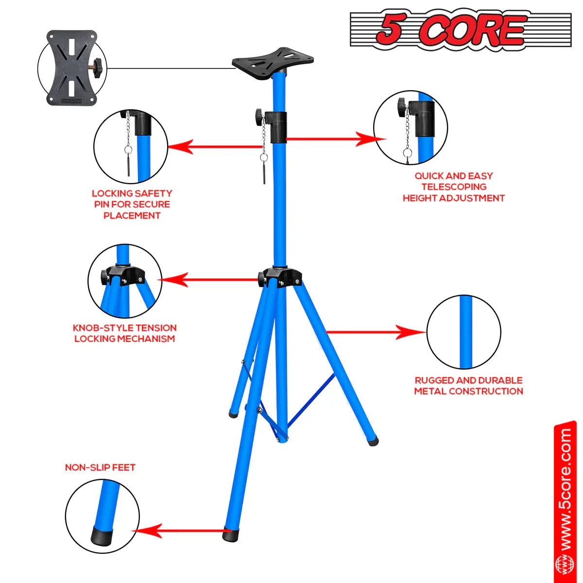 5 Core Speaker Stand Tripod Floor Tall Adjustable Up to 72 Inch DJ Studio Monitor Stands Pole Mount -- SS ECO 1PK WoB