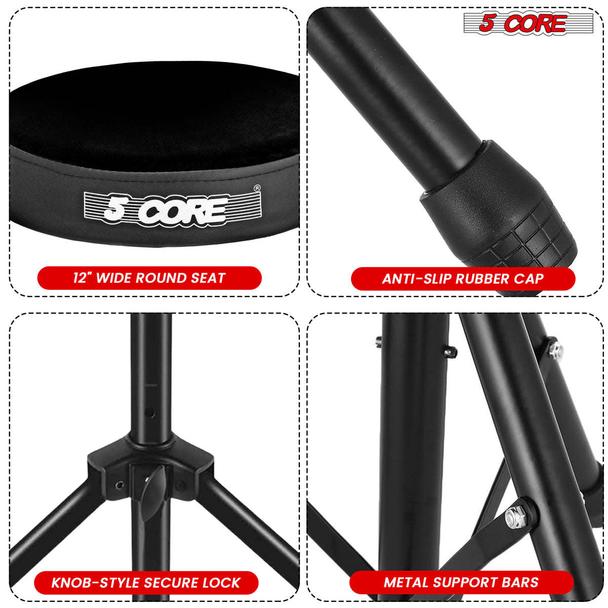 5Core Drum Throne Padded Guitar Stool Height Adjustable Drummer Seat Music Chair for Adults And Kids - DS 01