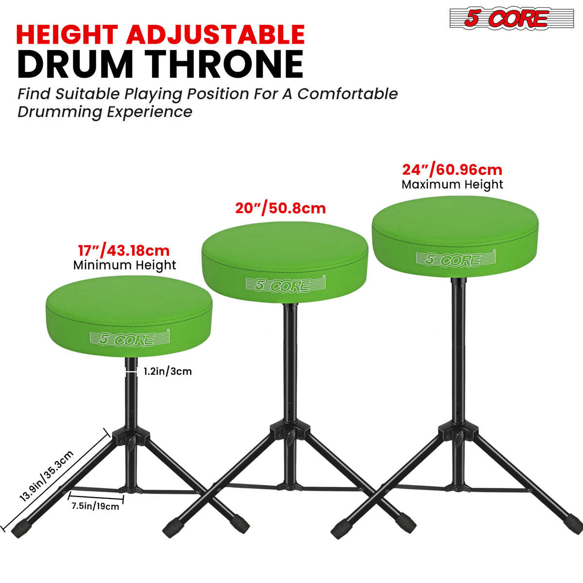 5Core Drum Throne Padded Guitar Stool Height Adjustable Drummer Seat Music Chair for Adults And Kids - DS 01