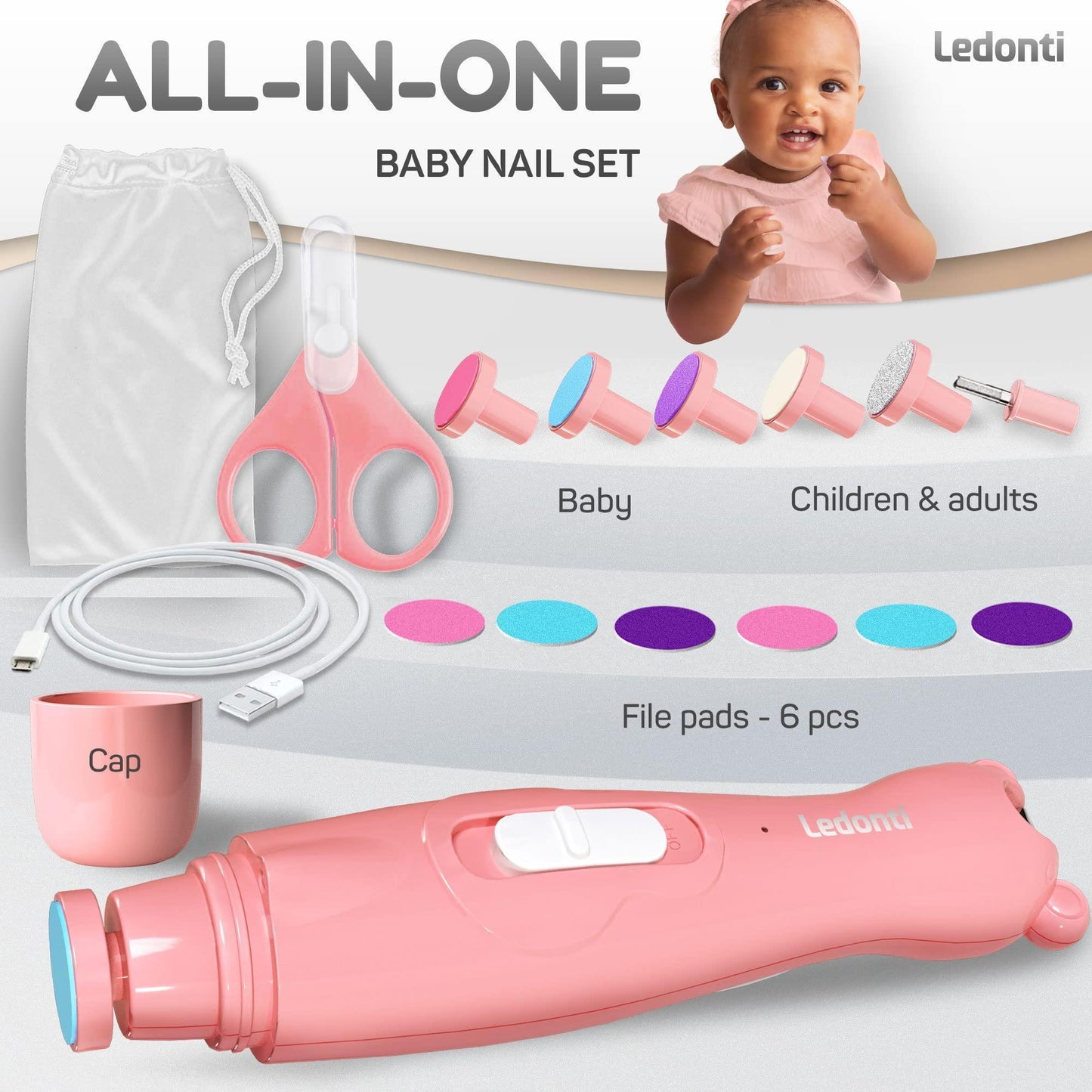 Pink Rechargeable Baby Nail Clippers Baby Nail Trimmer Electric w Led Light for Newborn Infant Toddler Kids Baby Manicure Fingernail Care Set w Scissors Baby Essentials Must Haves Grinder Cutter