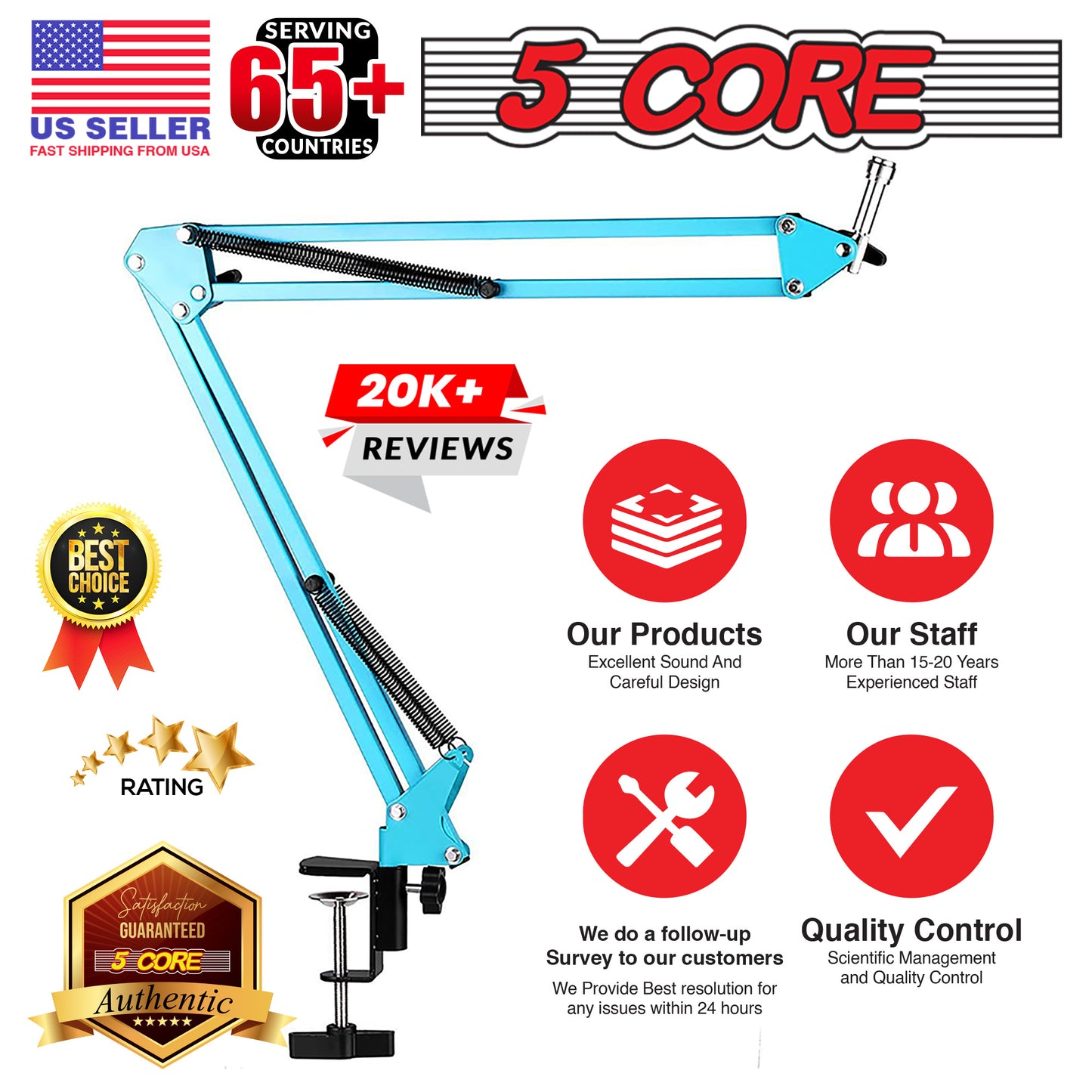 5 Core Mic Arm Adjustable Boom Microphone Stand Desk Mount Heavy Duty Brazo Para Microfono for Condenser Dynamic Mics - MS ARM BLU