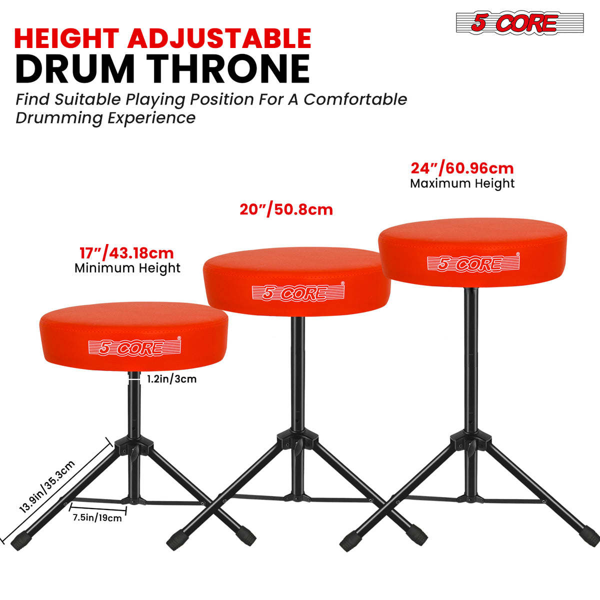 5Core Drum Throne Padded Guitar Stool Height Adjustable Drummer Seat Music Chair for Adults And Kids - DS 01