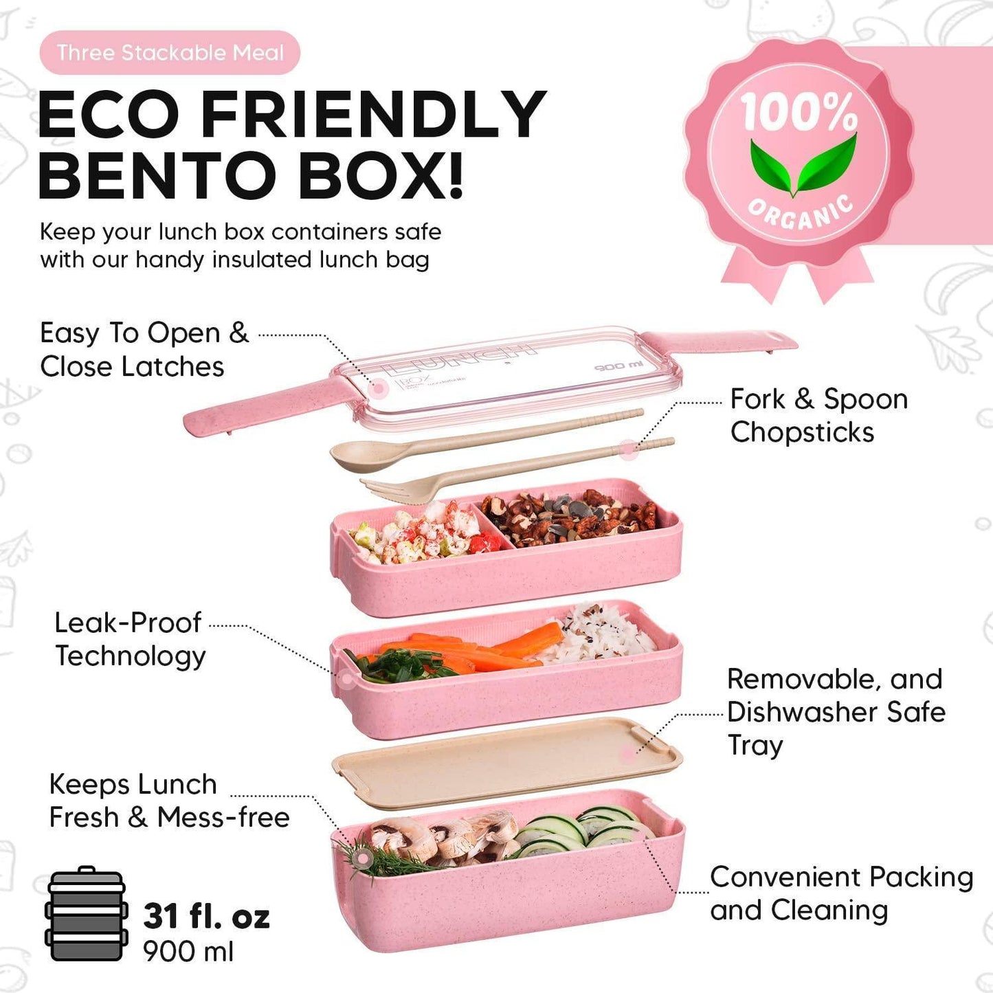 Pink Bento Box Lunch Containers Portable Microwave Japanese Bento Box Meal Prep Containers For Healthy Food For Adults Women Microwaveable Bowl Plastic Container