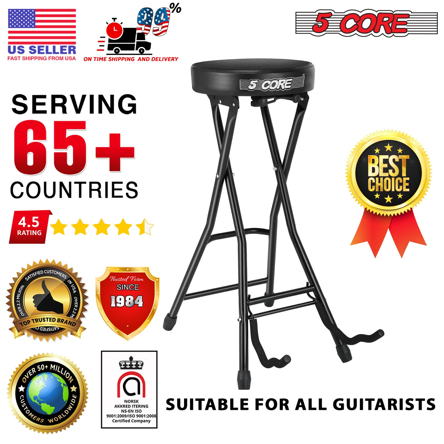 5 Core Guitar Stool • w Comfortable Padded Seat • Foot Rest • Guitar Holder w 300 Lbs Capacity - GSTOOL BLK