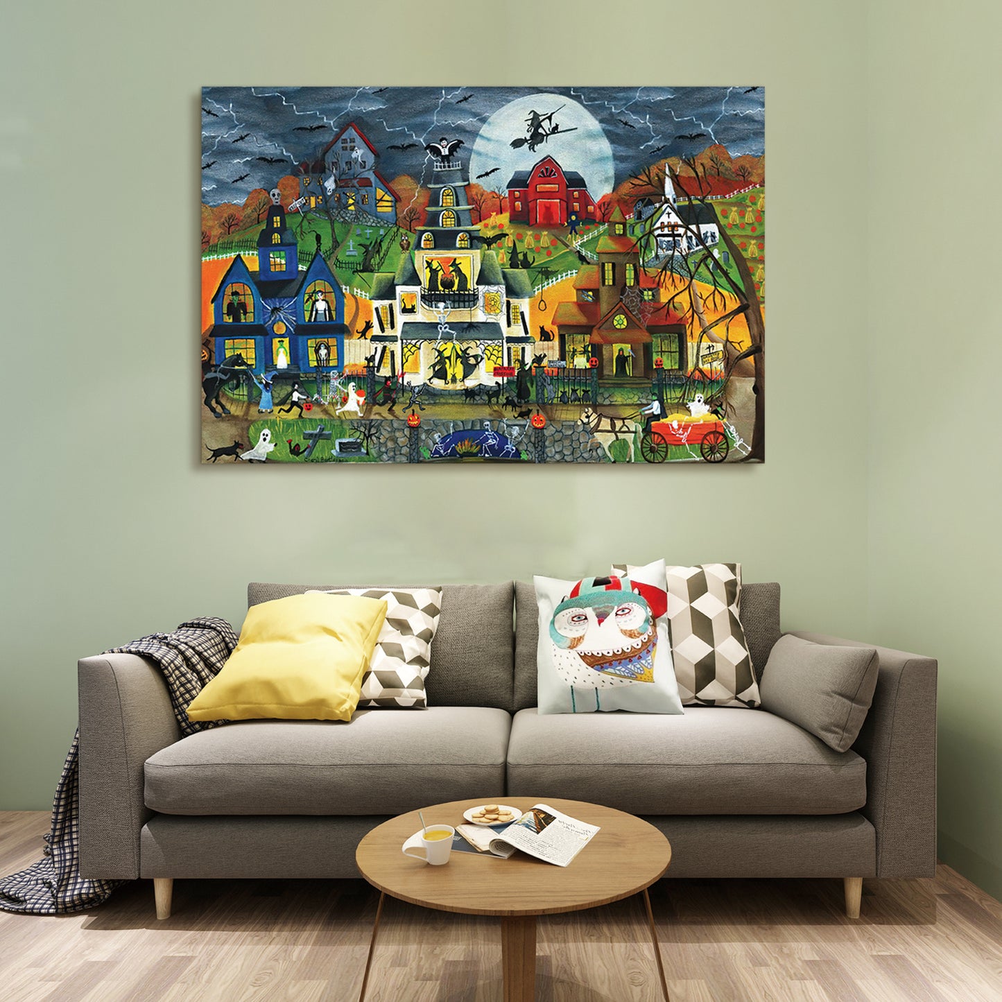 Drop-Shipping Framed Canvas Wall Art Decor Painting For Halloween, Haunted Ghost Town Painting For Halloween Gift, Decoration For Halloween Office Living Room, Bedroom Decor-Ready To Hang