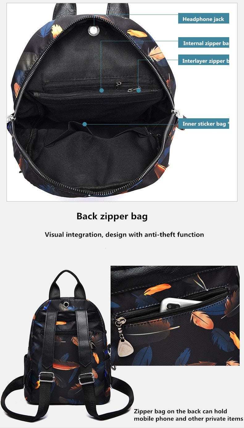 Anti-thief Feather Print Women Backpack Waterproof Travel Casual Schoolbag