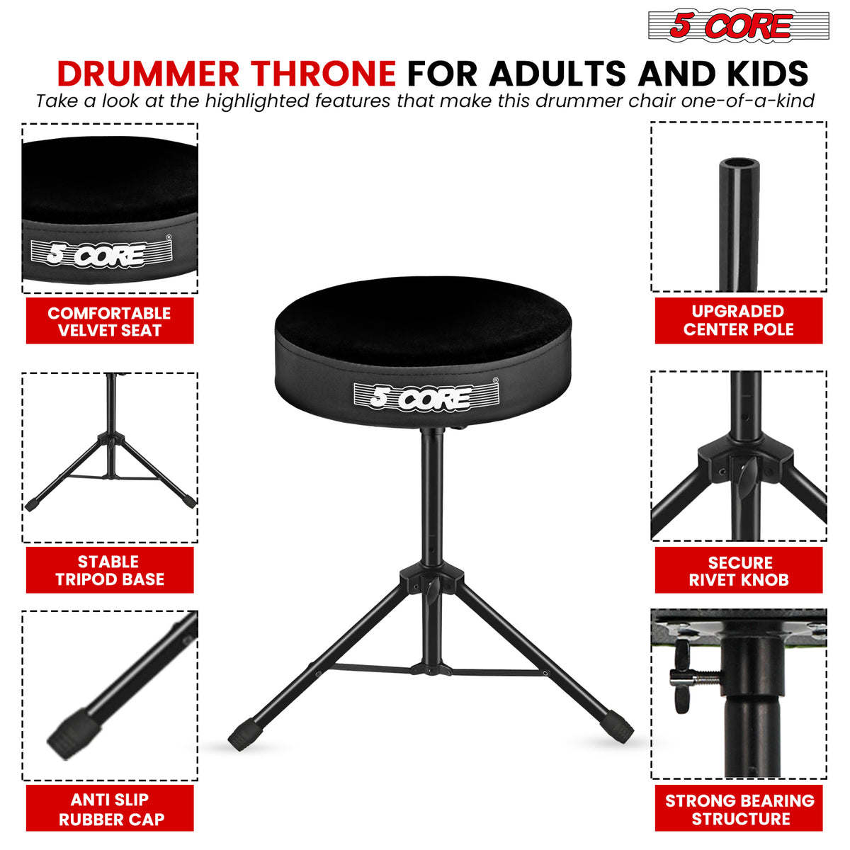 5Core Drum Throne Padded Guitar Stool Height Adjustable Drummer Seat Music Chair for Adults And Kids - DS 01