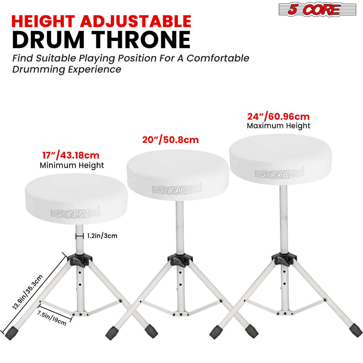 5Core Drum Throne Padded Guitar Stool Height Adjustable Drummer Seat Music Chair for Adults And Kids - DS 01
