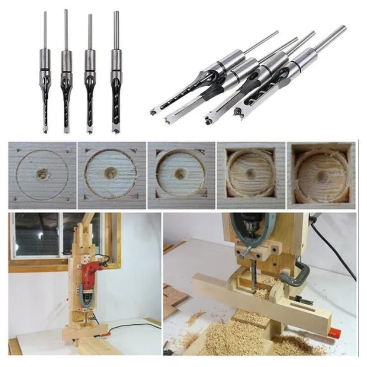 Square Hole Saw Auger Drill Bit Cut Mortising Chisel Woodworking Tool Set