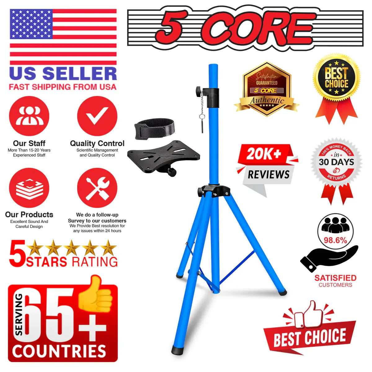 5 Core Speaker Stand Tripod Floor Tall Adjustable Up to 72 Inch DJ Studio Monitor Stands Pole Mount -- SS ECO 1PK WoB