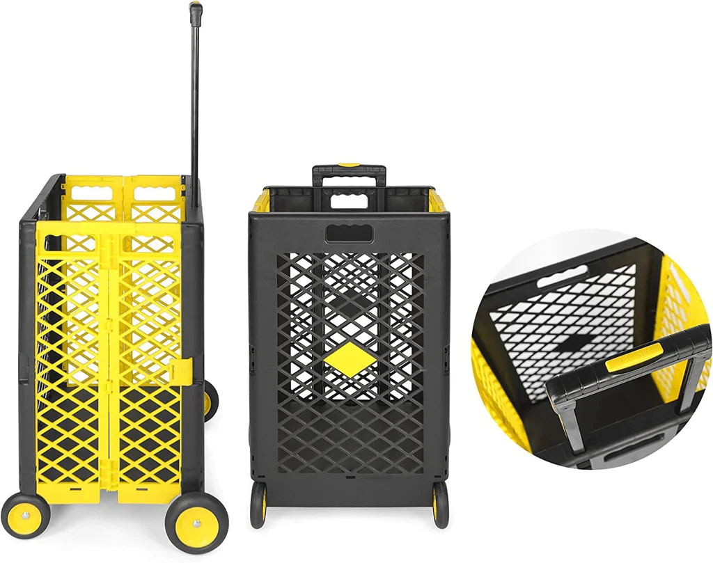 55L Foldable Rolling Cart with Wheels, Portable Updated Utility Tools Rolling Crate w/ Telescopic Handle, Yellow/Gray with Lid