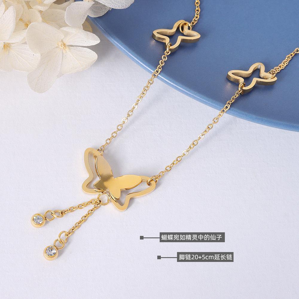 Titanium steel butterfly tassel naked anklet Korean female models sexy net red jewelry simple rose gold niche design trend