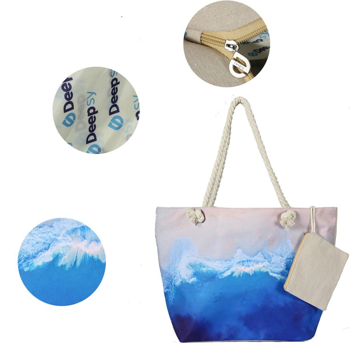 Canvas Beach Tote Bag For Women Waterproof Large Travel Beach Bags With Zipper Reusable Grocery Shopping Bags